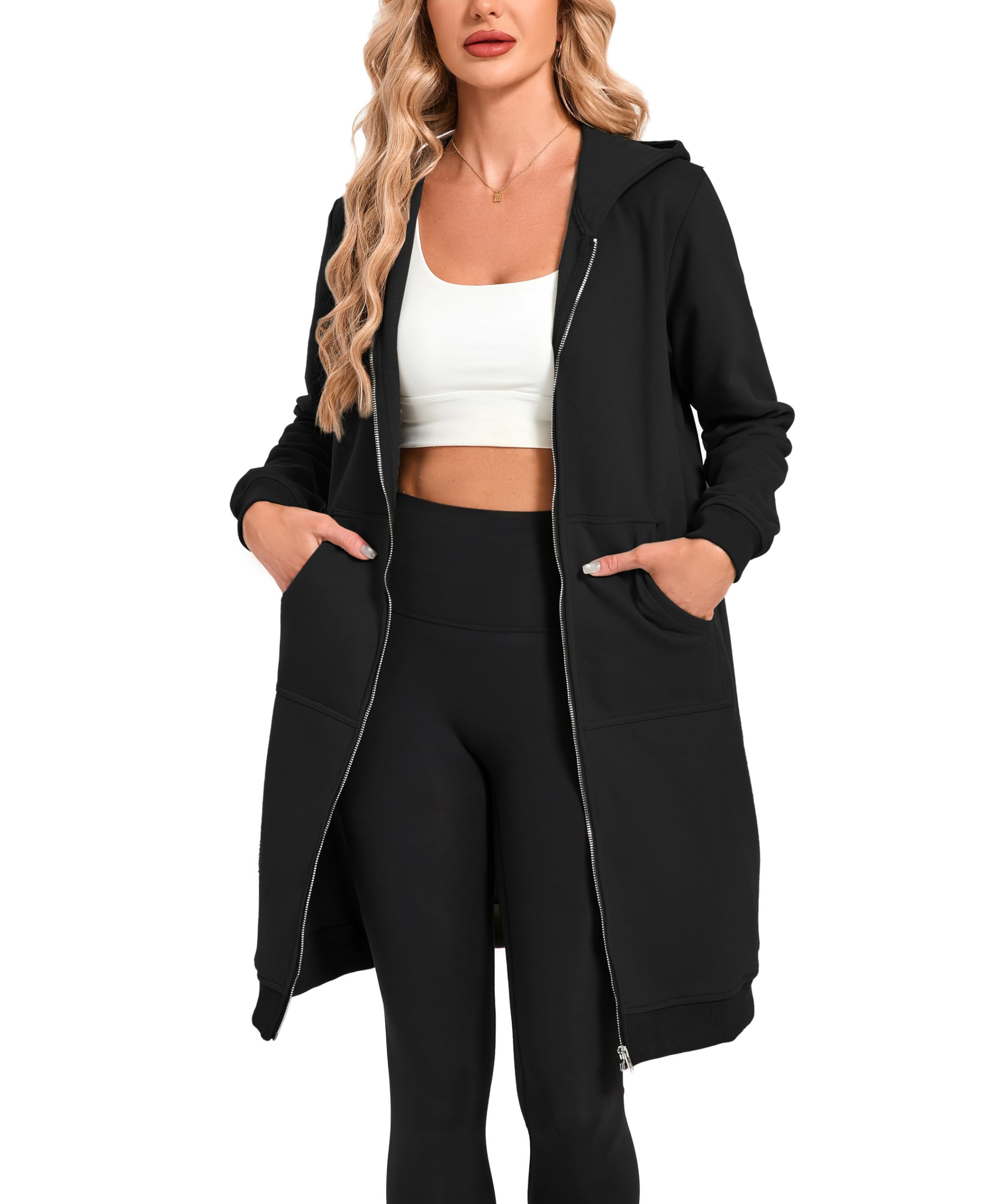 Timuspo Veste à capuche longue pour femme - Douce et ample - Couleur unie - Fermeture éclair - Sweat à capuche surdimensionné et chaud - Avec poches