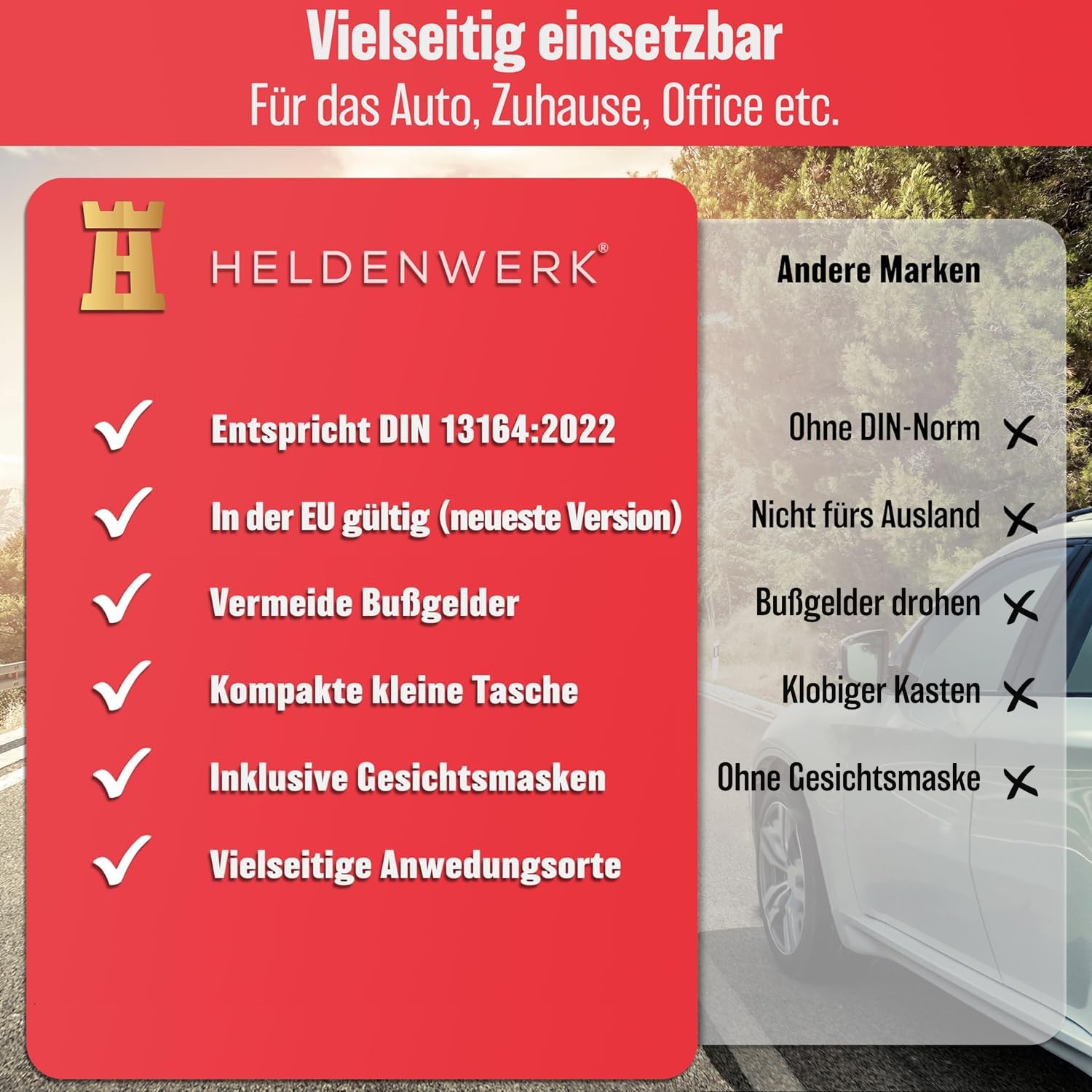 HELDENWERK KFZ Verbandstasche nach aktueller Norm 2026 - Europaweit Nutzbar - Erste Hilfe Set Auto Verbandskasten DIN 13164:2022 (StVO konform) - 4