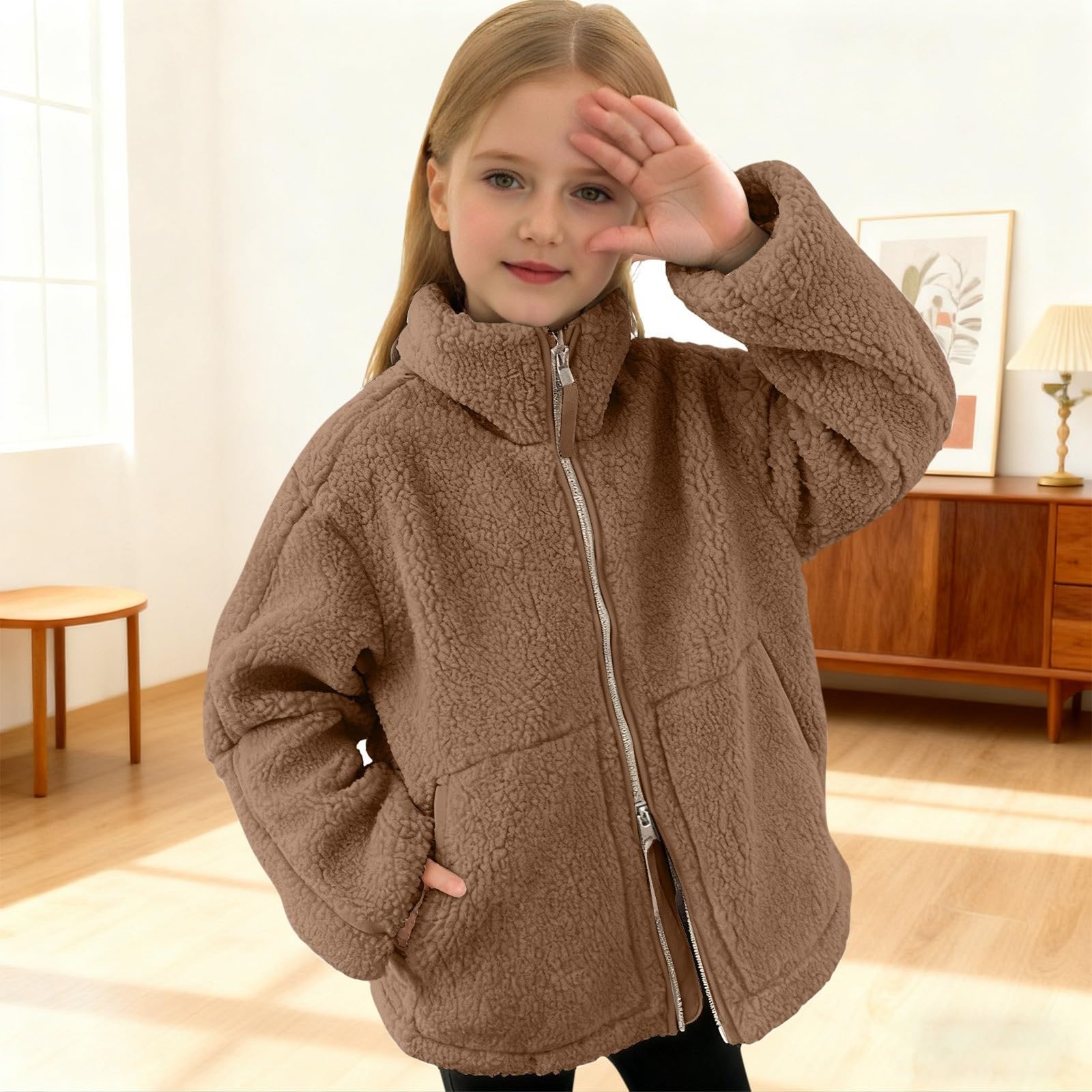Teddyjacke Kinder Mädchen Winterjacke Zwei Wege Reißverschluss Teddy Fleecejacke Einfarbig Full Zip Stehkragen Wintermantel Dick Outdoor Warme Wolljacke mit Taschen Flauschig Plüschjacke Fleecemantel