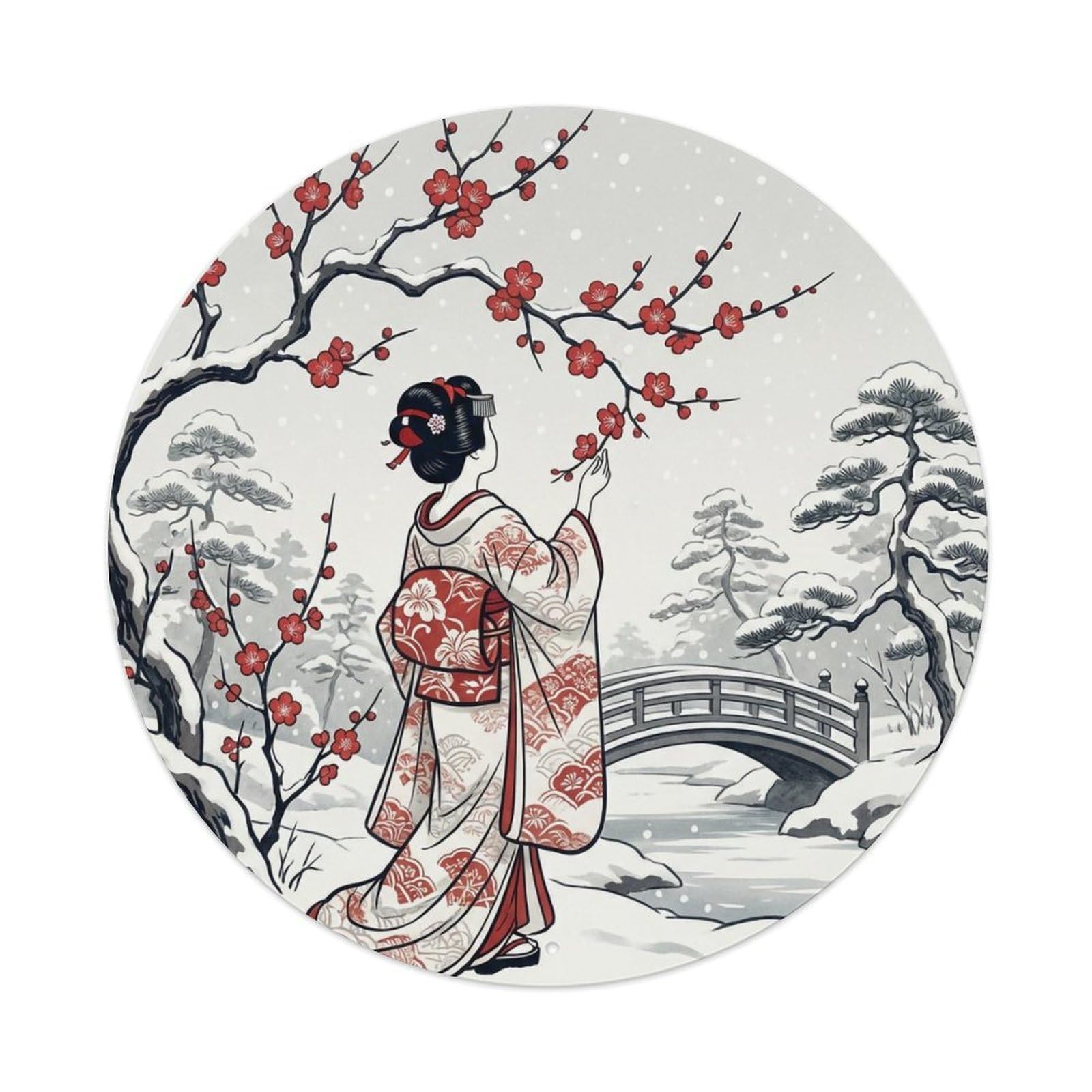 Japanese Geisha Snowy Plum Blossoms Winter Garden Metal Tin Sign