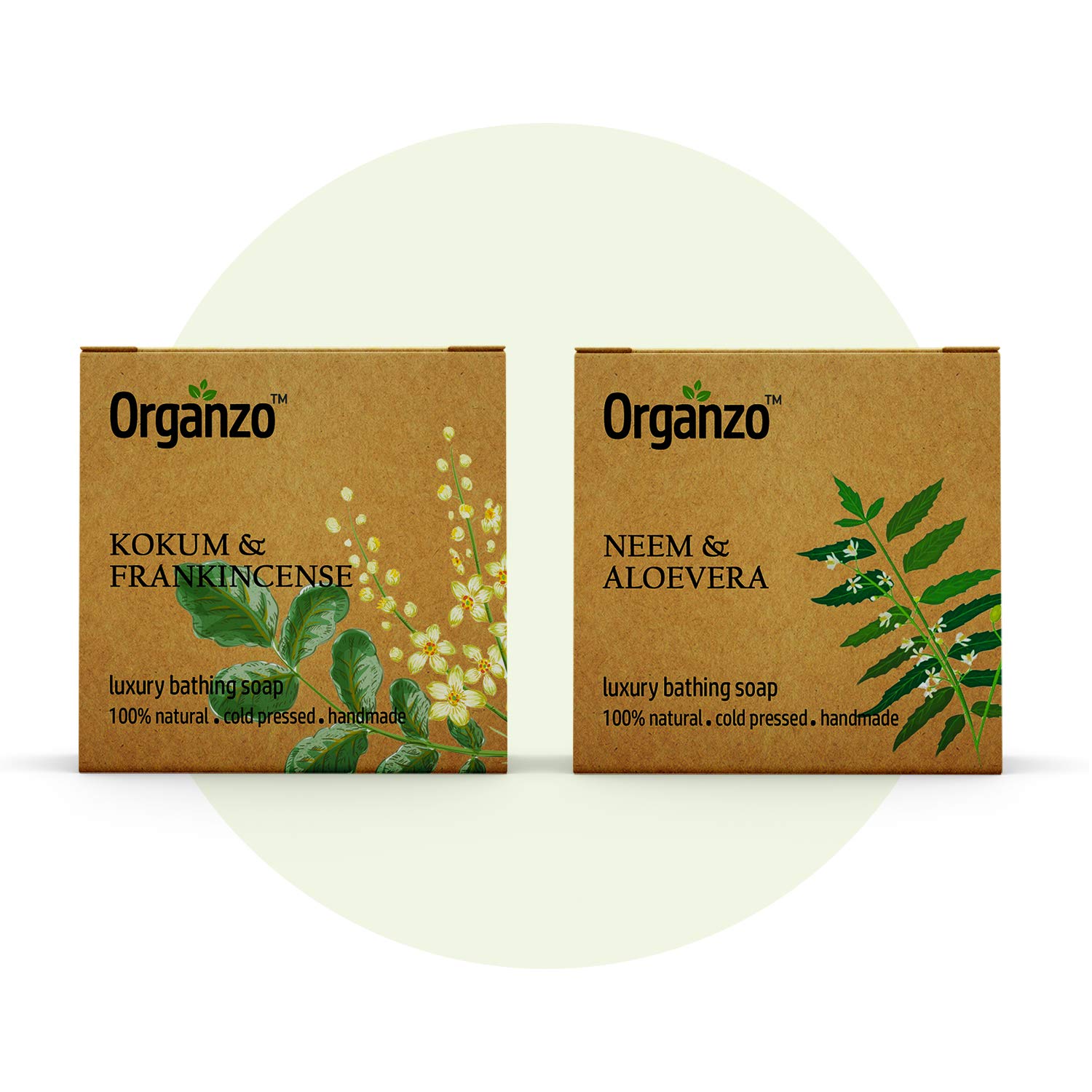 Organzo Organic Natural Hand Made Luxury Bathing Soap with Neem & Aloe Vera, Kokum Butter & Frankincense Chemical Free, Cold pressed Paraben Free SLS Free 100gm (Pack of 2)