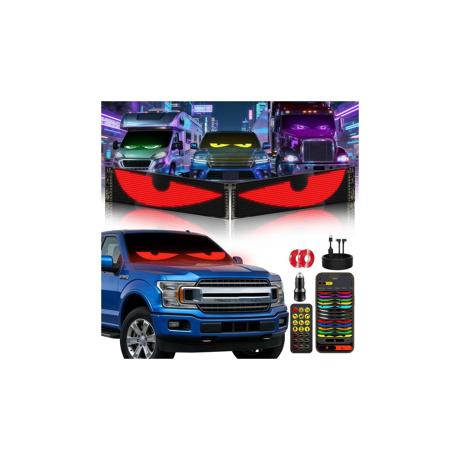 2PCS Devil Eyes Light For Windshield, 23"x5" LED Eyes Dual Screen 100% Sync, App/Remote Control, Custom Text & Graphics LED Light Sign for Car Truck SUV RV