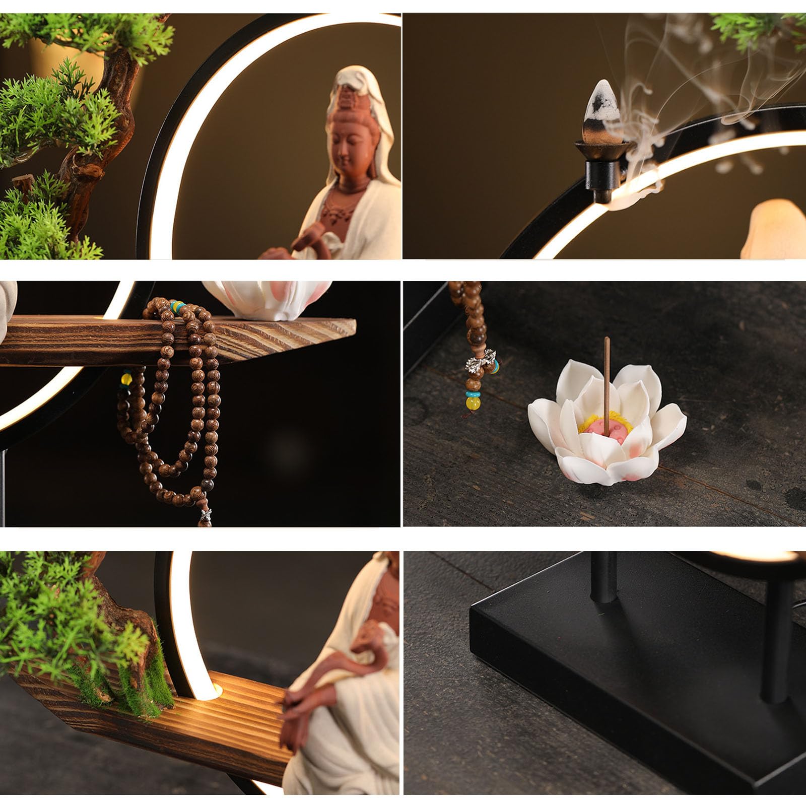 GAENZA Estatua De Buda Kwan Yin De Cerámica, Quemador De Incienso para Interiores con Anillo De Luz LED, Figura Decorativa De Buda con Forma De Bonsái, Decoración para El Jardín Y La Oficina,06