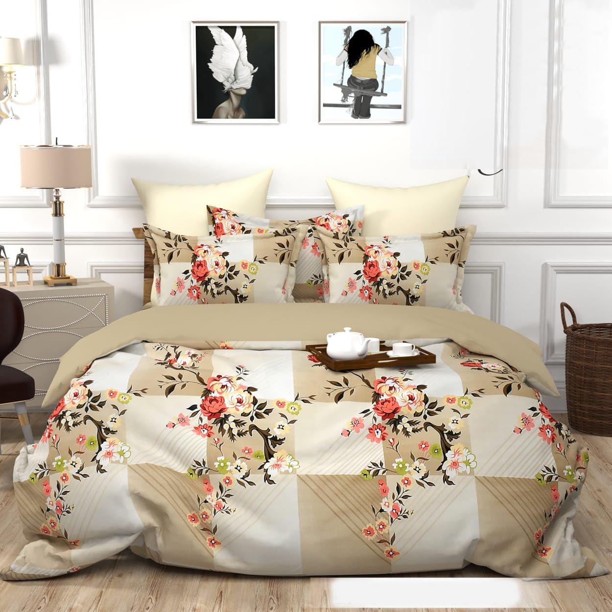 ARIHANT BEDSHEET Geometric Duvet Cover Set with Pillow Covers and Bedsheet, Peach and Grey Floral Pattern, Glace Cotton, Available in diffrent Size (Queen-90'' x 100'') (Gold)-image-48