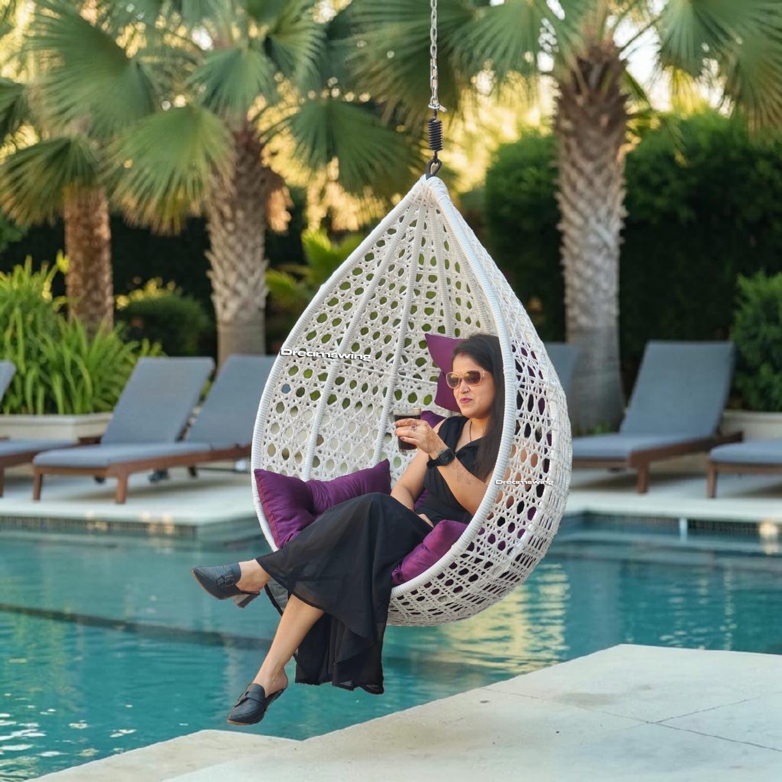 Dreamswing Hanging Swing Chair Without Stand, Iron, Teardrop Shape, 120x90 cm, 120 kg Capacity, Cushion Home, Balcony, Living Room, Garden, Pool Area (White 6T / Purple)-image-11