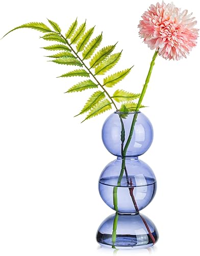 Glasseam Jarrón de burbujas de cristal, bonitos jarrones de color azul claro para flores, pequeños jarrones únicos para centros de mesa, jarrón