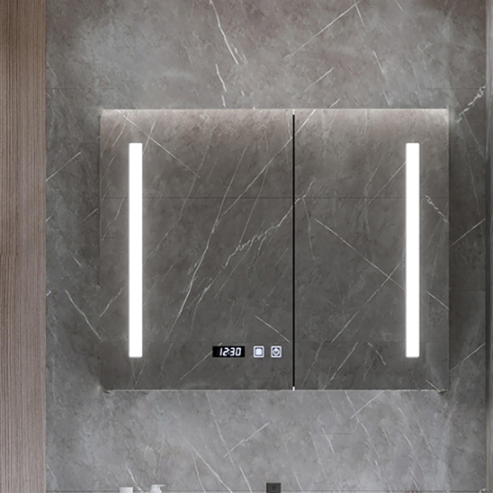 Armoire pharmacie LED antibuée tactile bois blanc affichage heure