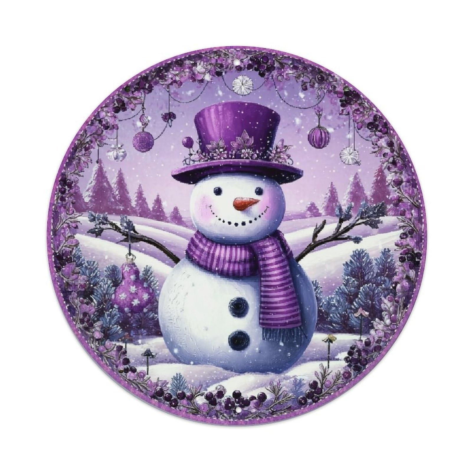 Snowman Winter Purple Holiday Scene Round Metal Tin Sign Vintage Wall Decor, Bar Garage Cafe Kitchen Home Wall Art Poster 8x8inches