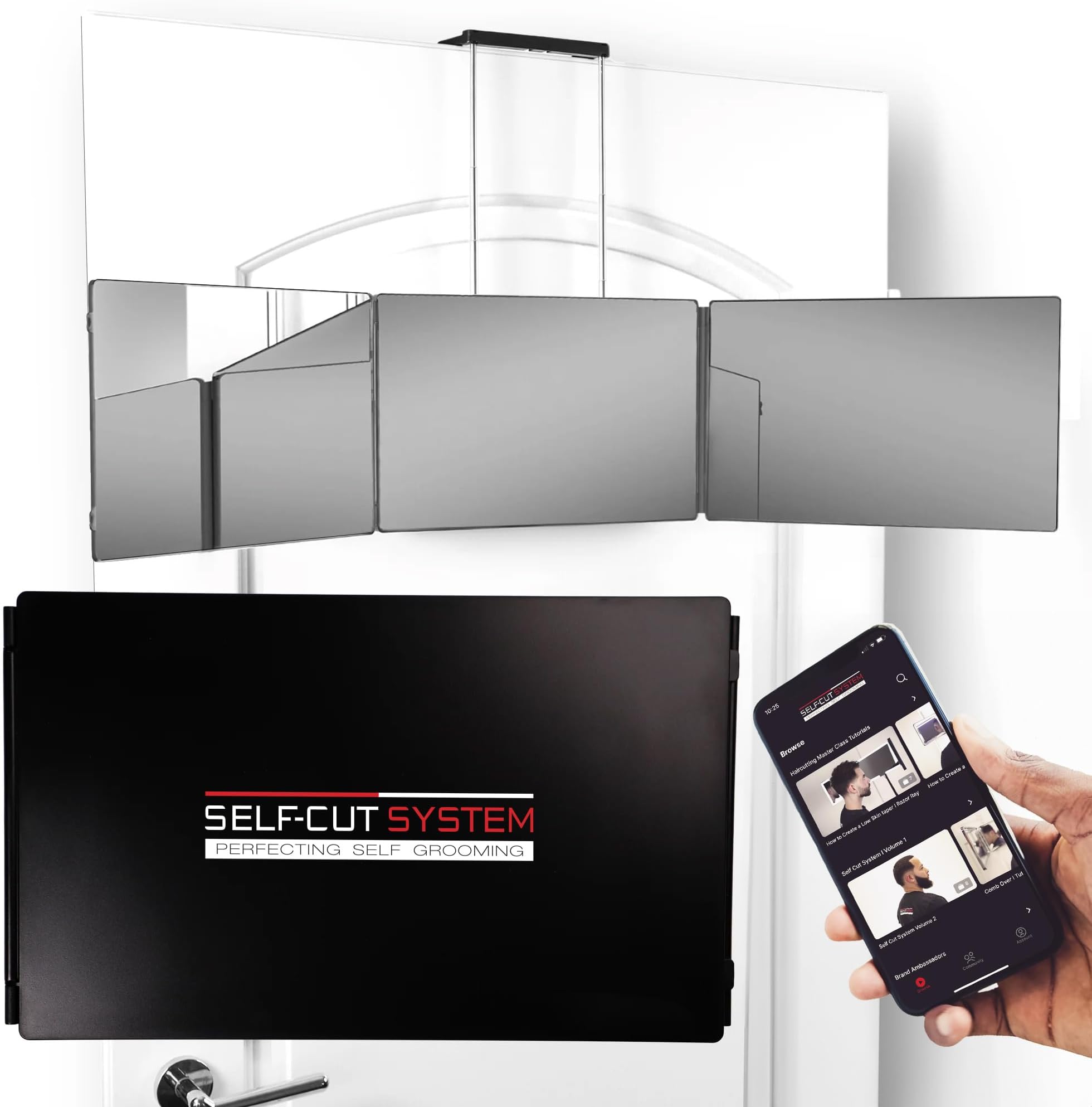 SELF-CUT SYSTEM Travel Version - Three Way Mirror for Self Hair Cutting with Height Adjustable Telescoping Hooks and Free Educational Mobile App