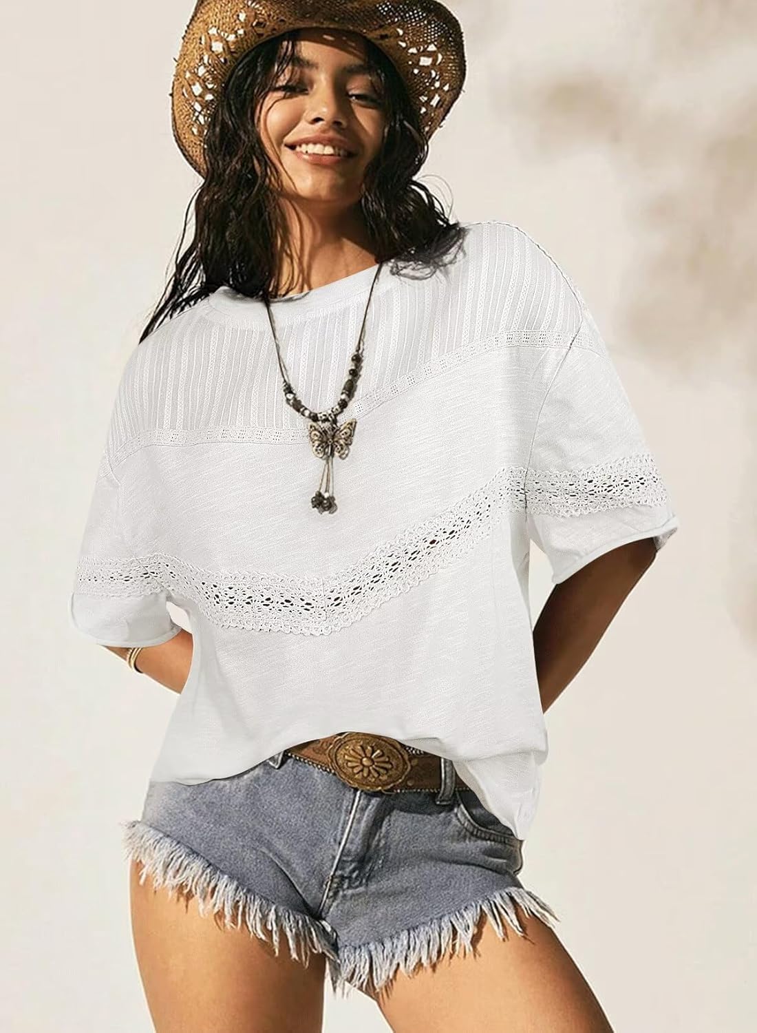 Womens Summer Tops Oversized Short Sleeve Boho Casual Shirts Flowy Lace Crochet Eyelet Loose Blouse Trendy 2025 - Image 6