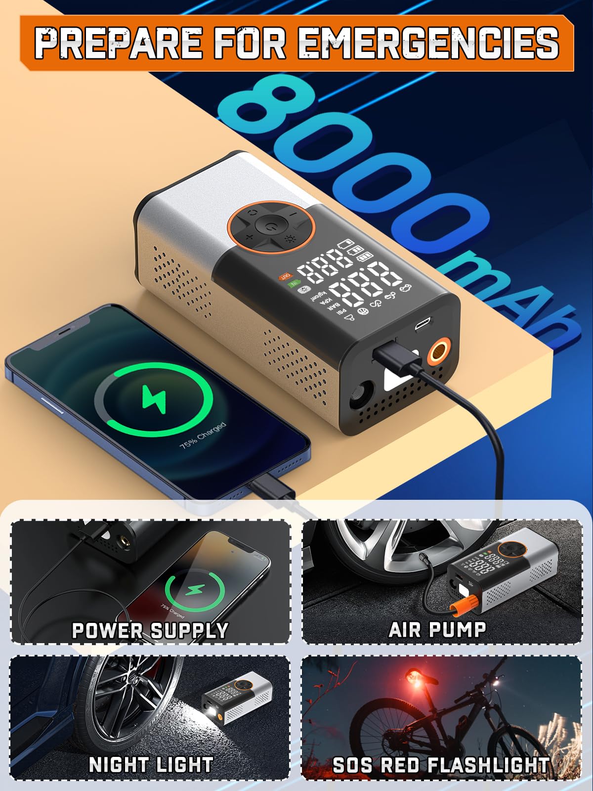 BIBURY 8000mAh Gonfleur Pneus Voiture, Compresseur à Air Portatif, 150 PSI Pompe a Velo, Gonfleur Électrique avec Écran LED et Torche LED, Charge Type-C, Compresseur Voiture pour Vélo, Voiture, Moto