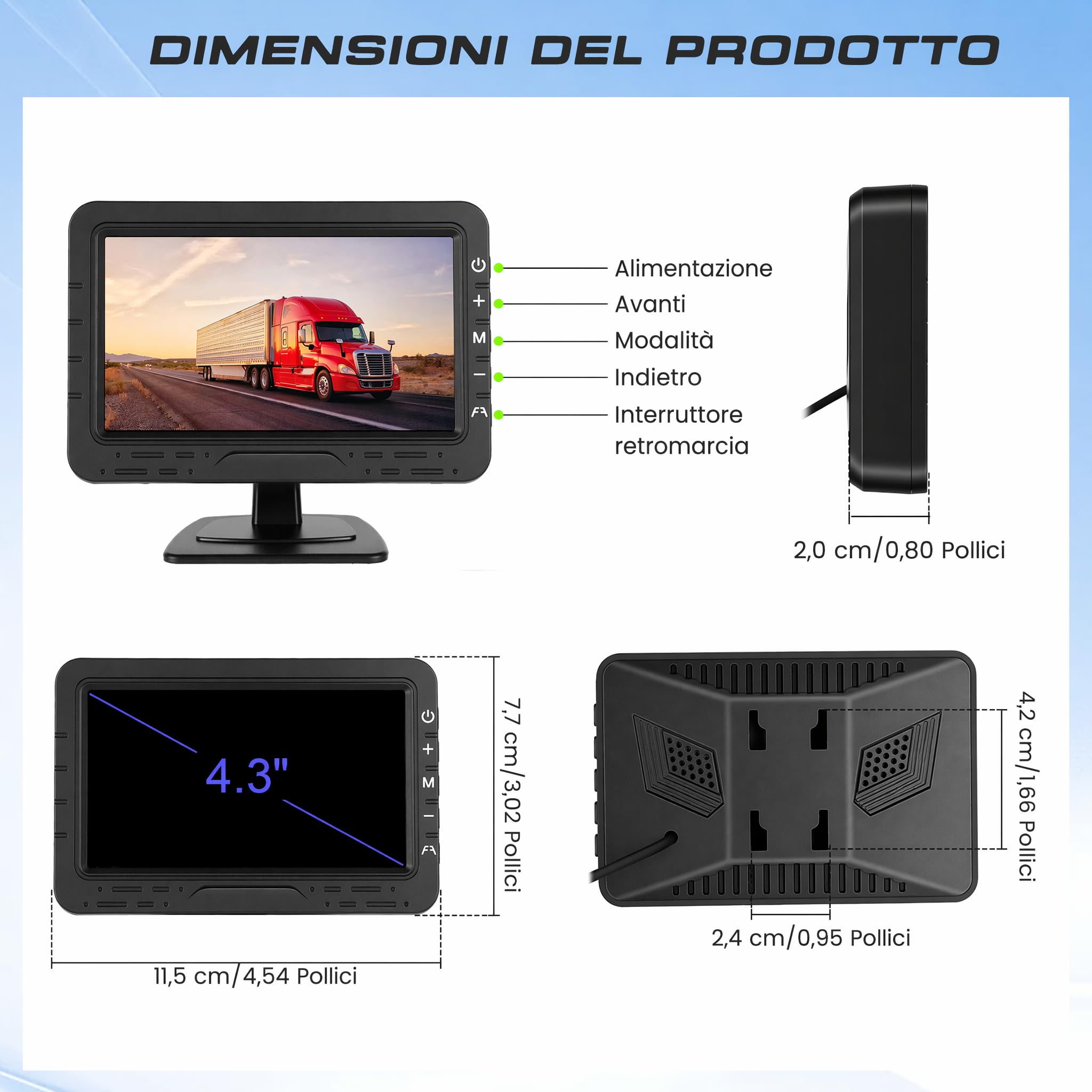 Hikity kit Telecamera Compatto con Monitor 4,3'' Telecamera Girevole a 360° | 12-24V Telecamera Posteriore per Camion Furgone Cablata Stabile Visione Notturna 1080P Linee Di Parcheggio Impermeabile IP68