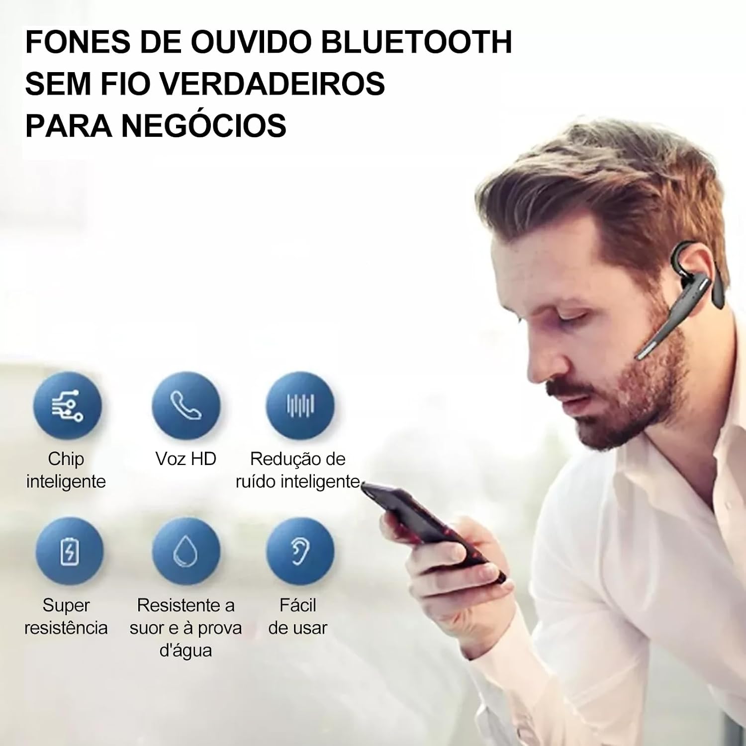 Fone de ouvido Bluetooth sem fio, viva-voz com microfone com cancelamento de ruído, até 55 horas de reprodução, adequado para uso no escritório