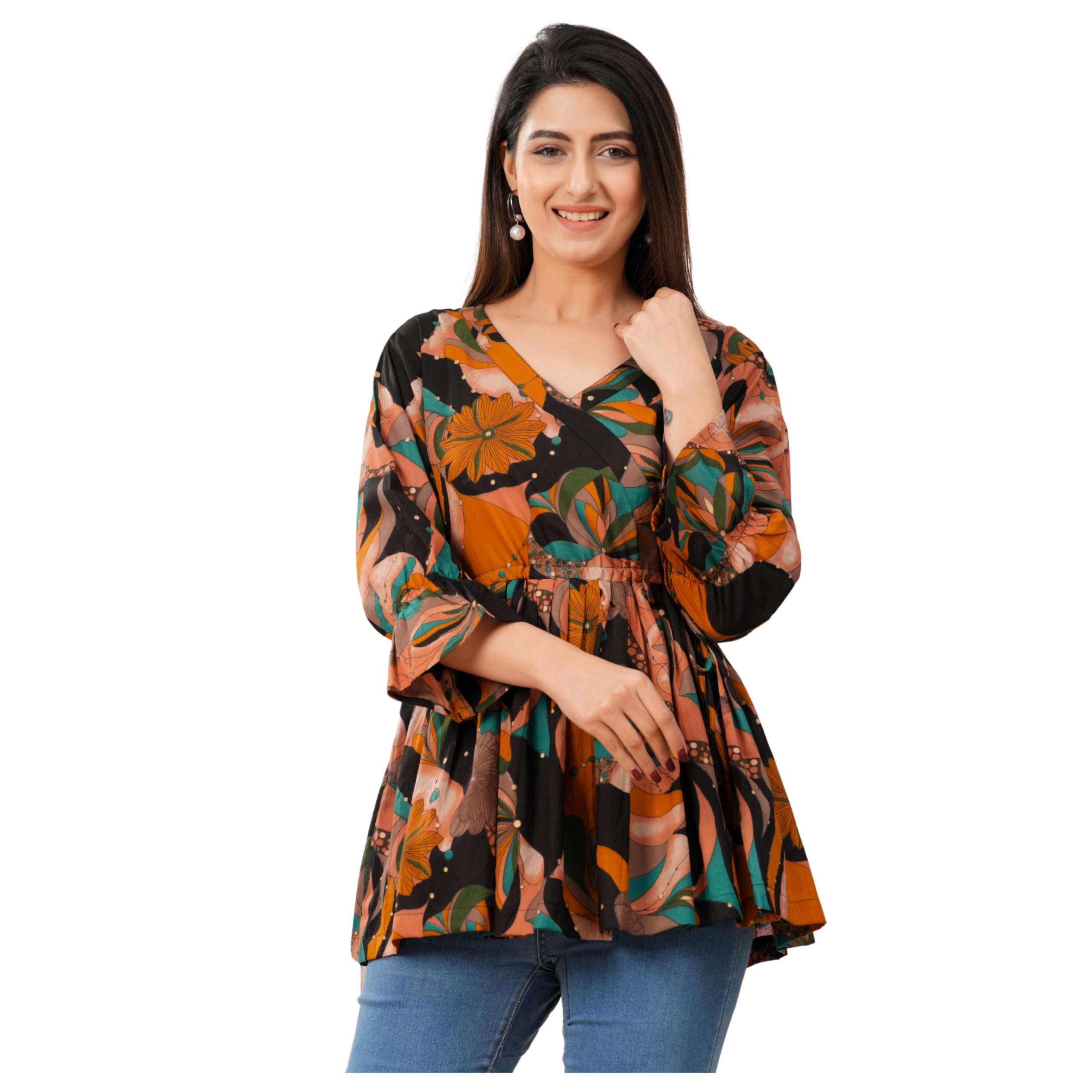 threadflix Women Multicolor Floral Print V-Neck Top 3/4 Sleeves Casual Shirt for Spring & Summer, Trendy & Comfortable Everyday Wear-picture-14