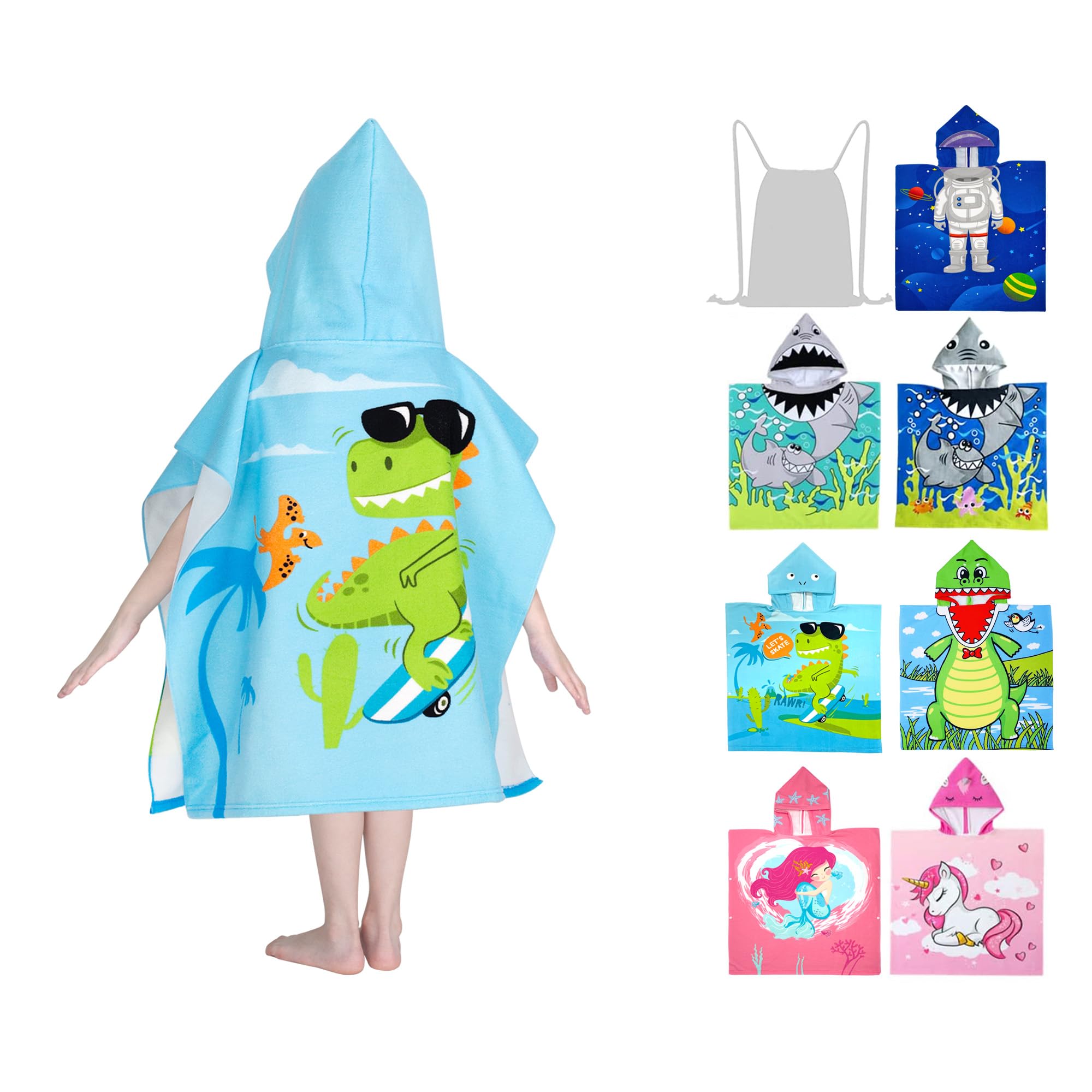 growell Hooded Kids Beach Towels - Toddler Bath Towel Girls Boys Swim Cover-ups for Ages 4 to 10 Kids Pool Towels Quick Dry Lightweight Soft Microfiber Poncho 30x30 with Bag (Dino Skating)