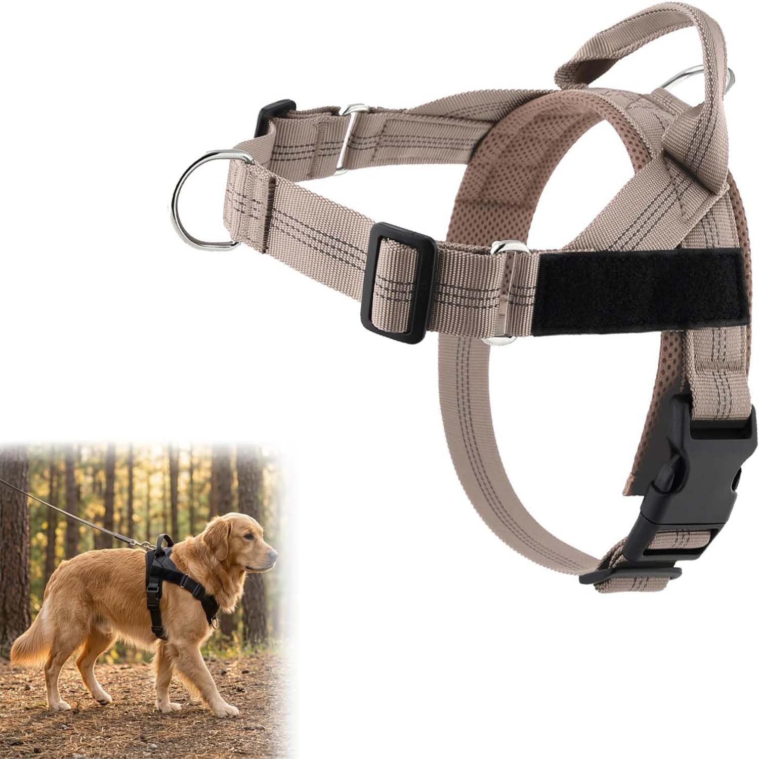 No Pull Dog Harness,Front Clip Adjustable Pet Vest,Large Dog No Pull Pet Harness, Breathable Soft Padded Material, Heavy-Duty D-Ring, Sturdy Grab Handle, for Dogs Training or Walking (Khaki, XL)