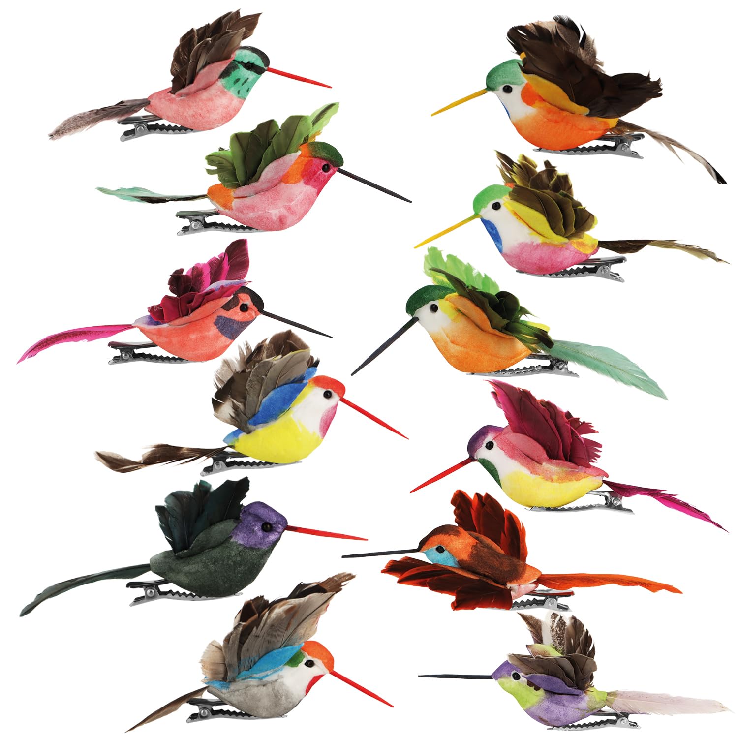 com-four® 12x Dekokolibri - künstliche Blütenvögel in bunten Designs - kleine Dekovögel mit Federn und Metall-Clip - Zier-Vogel für Dekoration - Nektarfee (12 Stück - Kolibri)