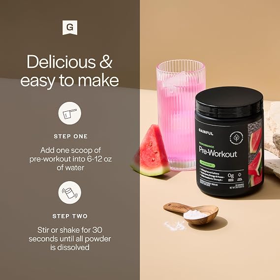 Gainful Performance Pre Workout Powder with Natural Caffeine & Creatine, Watermelon Flavor, Supports Energy, Strength, Endurance, Recovery with BCAAs, Beta Alanine, L-Citrulline, 20 Servings