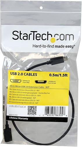 Miniatura 2 de StarTech.com Cable de extensión micro USB de 1.6 ft y 20 pulgadas - MF - Cable micro USB macho a micro USB hembra (USBUBEXT50CM), negro