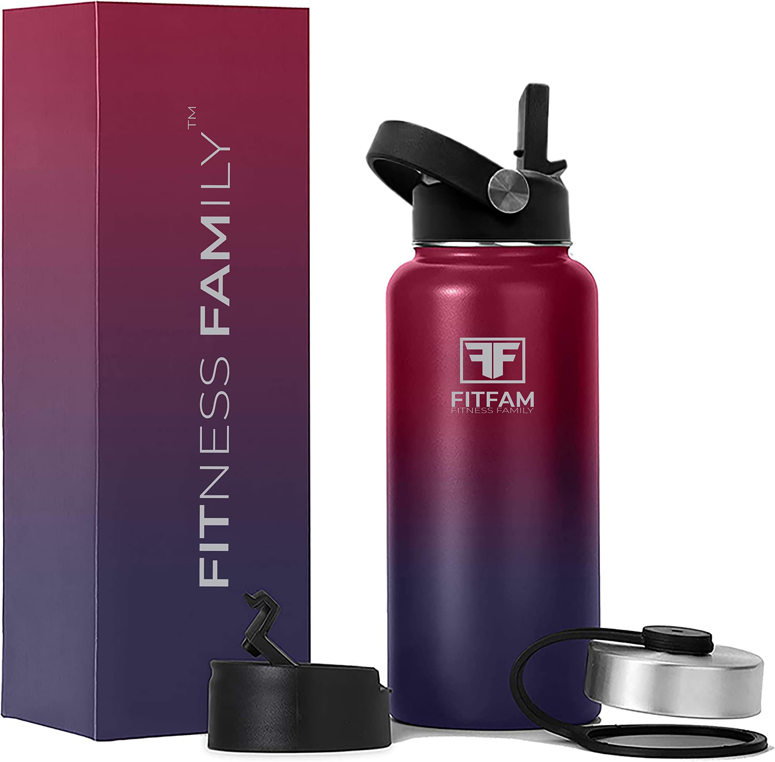 FITFAM Vacuum Insulated Stainless Steel Water Bottle, 1L / 600ml Water Bottle with Straw Lid, BPA Free, Leak Proof, Cold for up to 24 Hours, Gym Work Home