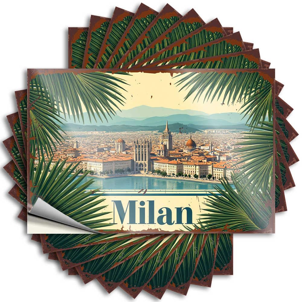 Optical Illusion Tattoos, Bathroom Sets Garage Vintage Milan Cityscape with Palm Leaves Framing | Funny Quote Checkered Decals(8X12CM)