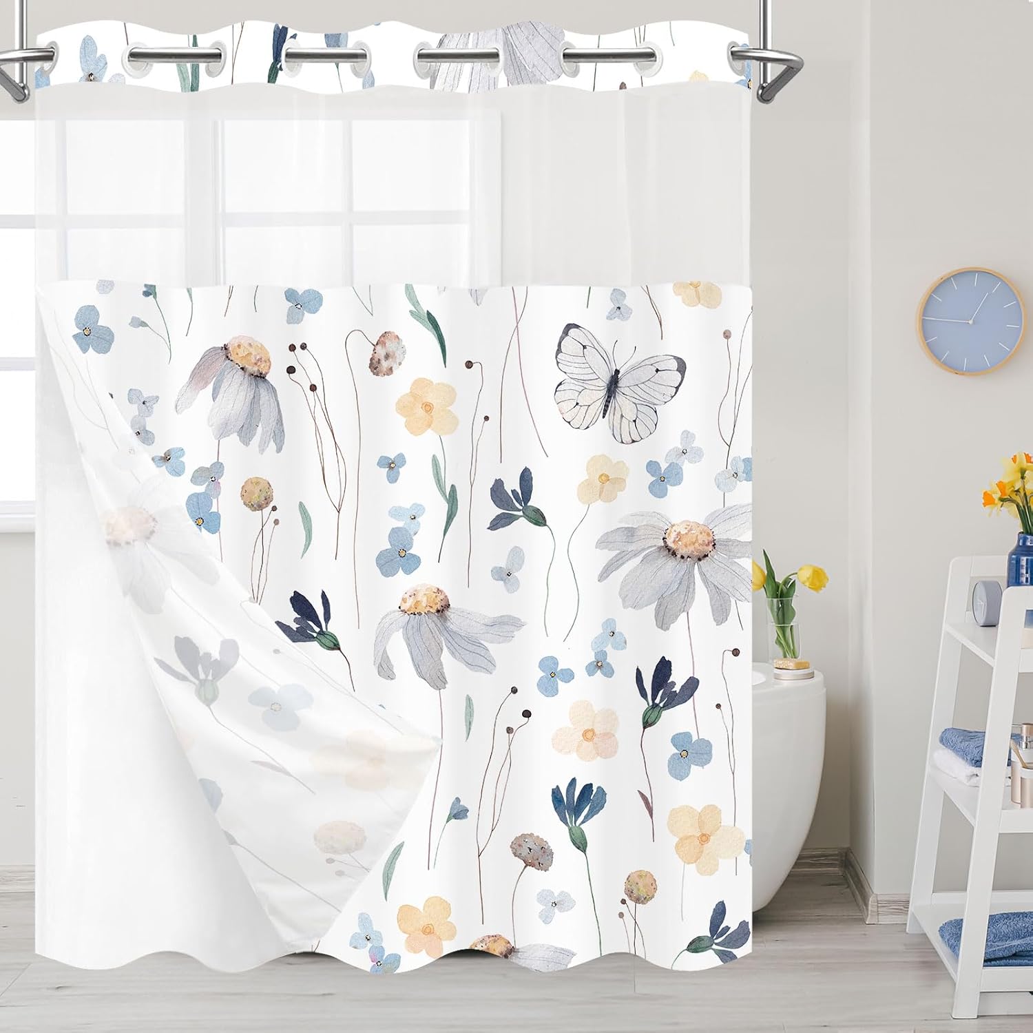 Boho Floral No Hook Shower Curtain with Snap in Liner Set