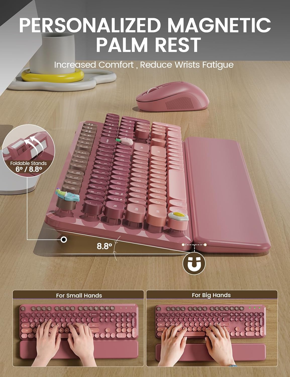 Wireless Keyboard and Mouse Combo, Typewriter Keyboard with Detachable Wrist Rest, Full-Size Retro Round Keycaps, Smart-Sleep, 2.4GHz Stable Connection for Mac/Windows/PC, Trueque(Ombre Dusty Rose)