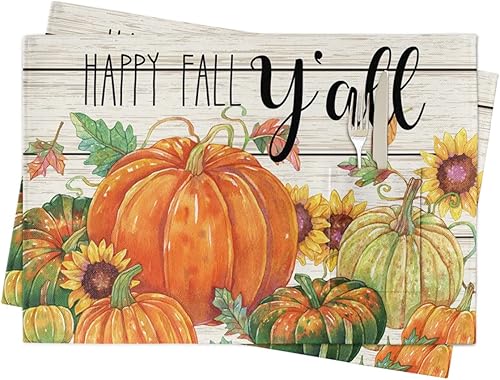 Fall Thanksgiving Pumpkin Table Placemats for Dining Table Set of 2,Cotton Linen Cloth Kitchen Place Mats with Pocket,Burlap SquareRectangle Table