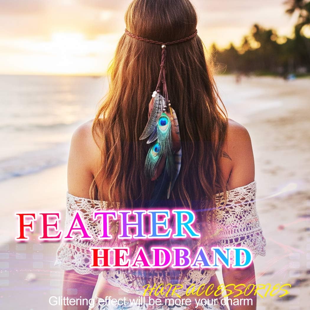 Nicute Boho Feather Headbands Peacoak Headpieces Festival Indian Headband Hippie Accessories for Women (Brown) - Image 5