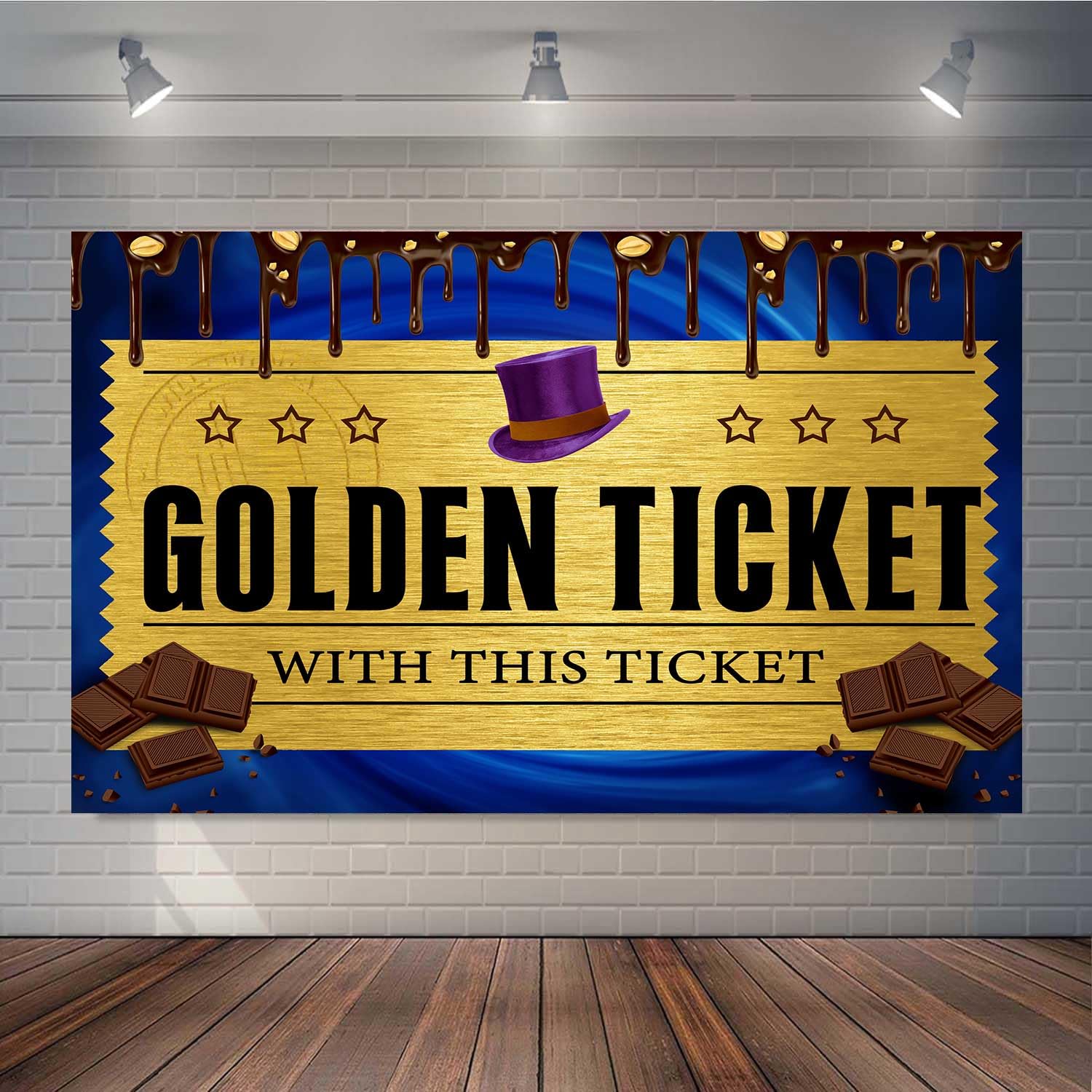 TOAOFY 5x3FT Golden Ticket Backdrop Chocolate Factory Backdrops Candy Backdrops Blue Backdrop for Kids Girls 1st Birthday Party Baby Shower Photo
