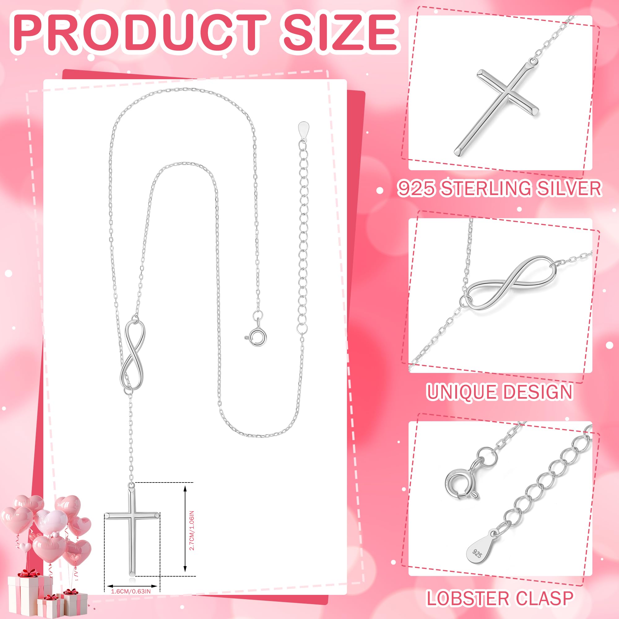 Collares de plata de ley 925 con cruz infinita para mujer, colgantes de cruz, 3 estilos de colores, joyería religiosa con cadena ajustable, idea de regalo superior, Plata esterlina 2