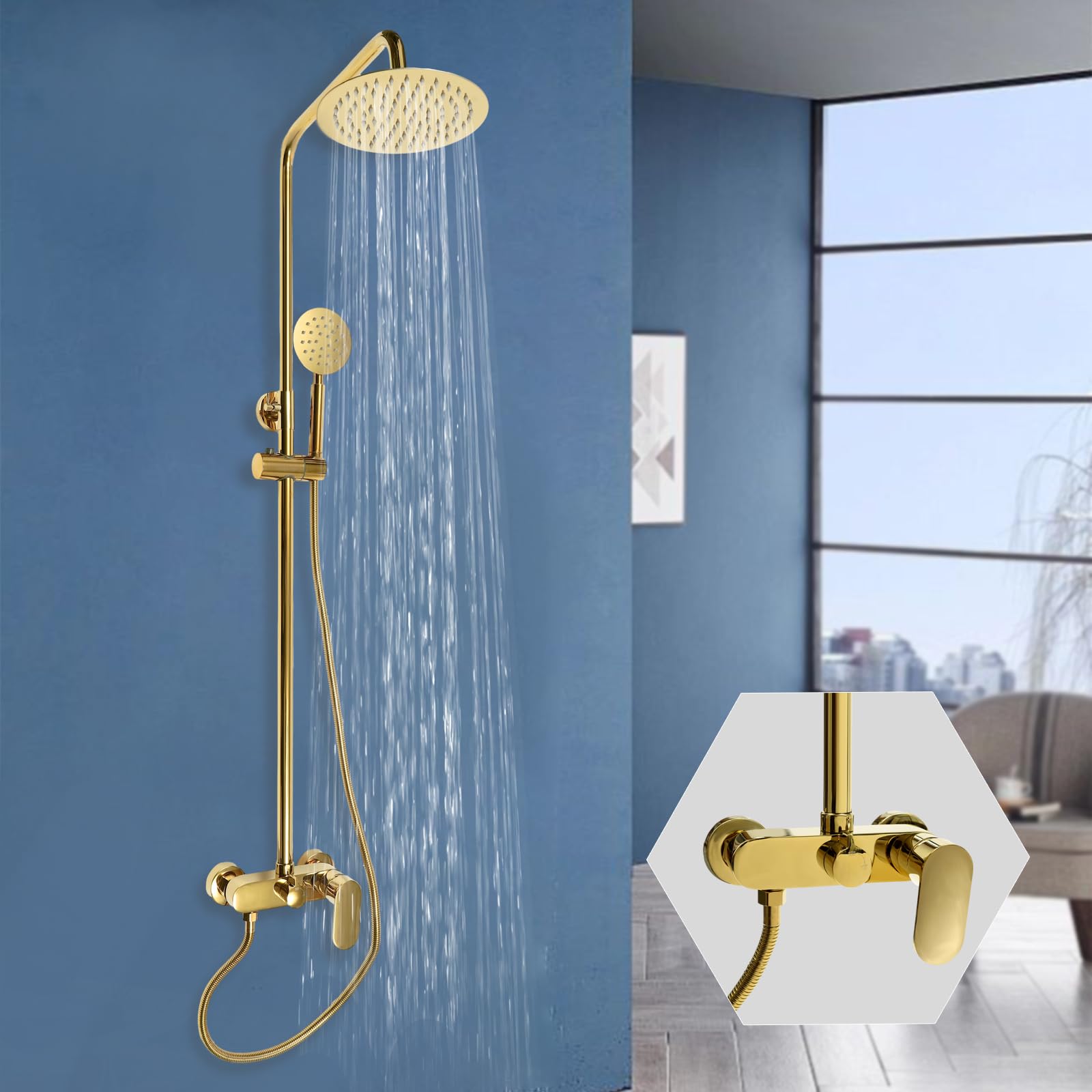 Columna de ducha dorada, juego de ducha de acero inoxidable con ajuste de altura, alcachofa giratoria de 360° y tecnología de presión de aire, ducha inoxidable para ahorrar agua, fácil de limpiar