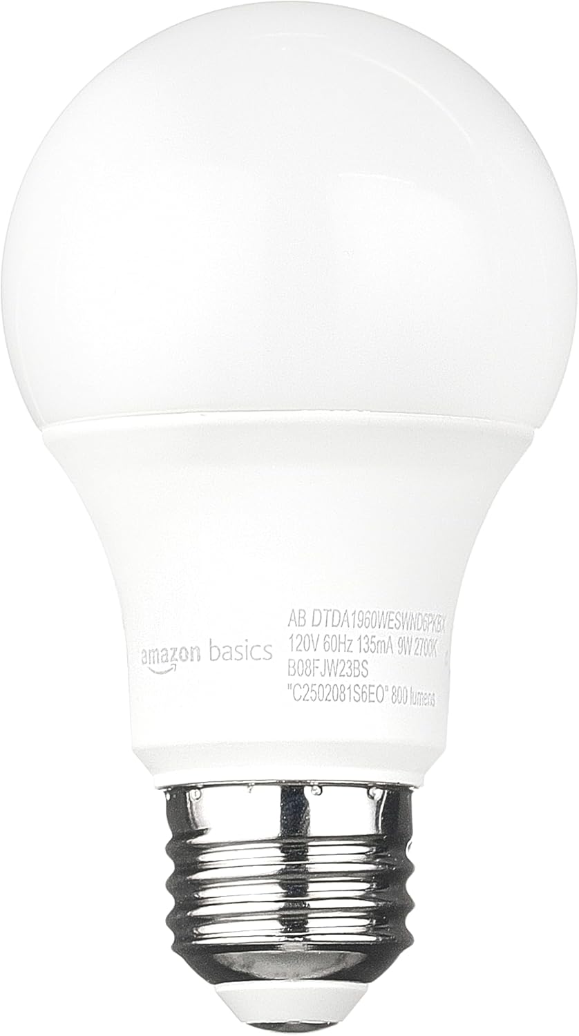 Amazon Basics A19 Dusk to Dawn Sensor LED Outdoor Light Bulb, 60W Equivalent, Energy-Efficient 9W, Soft White 2700K, E26 Base, 10,000 Hours, 6-Count