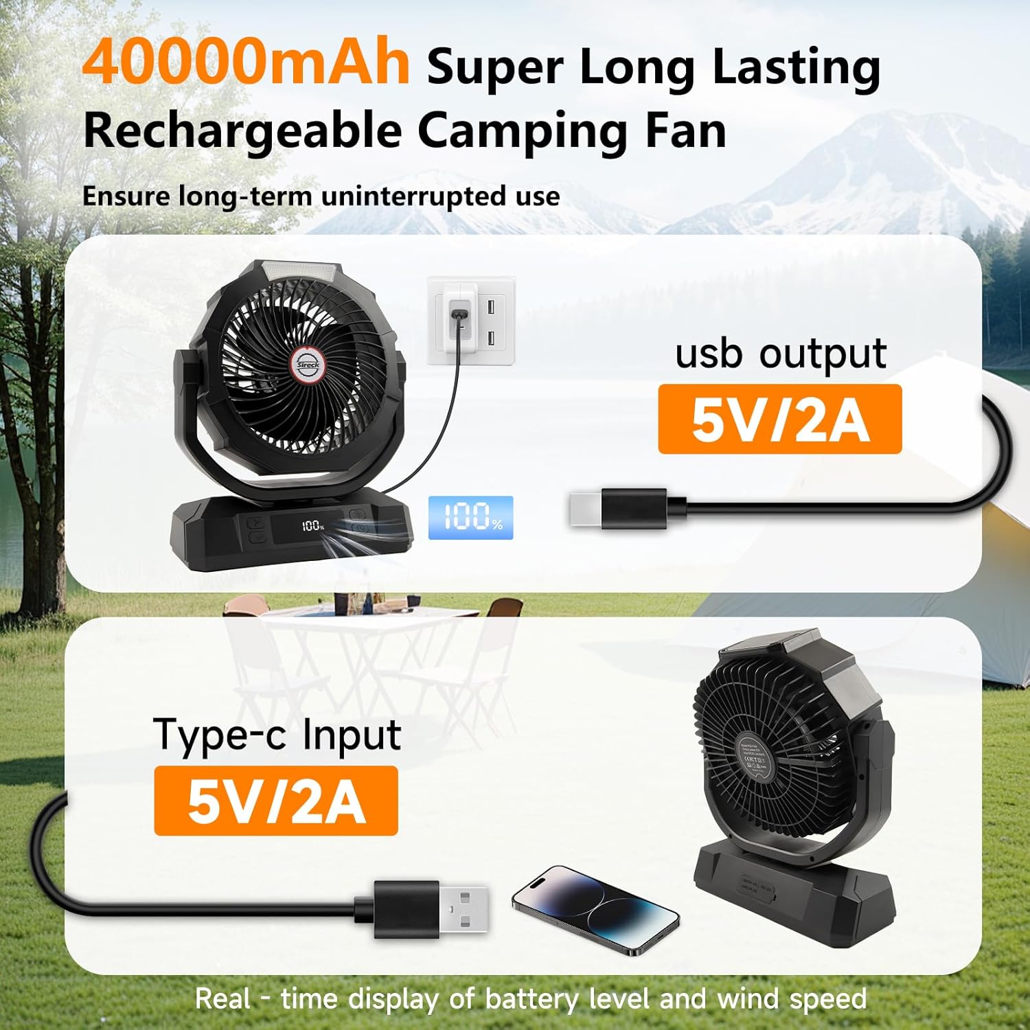 40000mAh Battery Powered Camping Fan,12-Inch Portable Personal Fan with Remote,LED Lantern, 6 Speeds,Timer,Auto Oscillation,Digital Display Cordless Tent Fan (Black) - Image 5