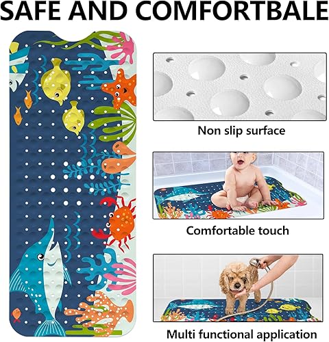 Miniatura 3 de LNOND Alfombra de baño para niños, tapete de baño antideslizante con agujeros de drenaje y ventosas, lavable a máquina (40 x 16 pulgadas)