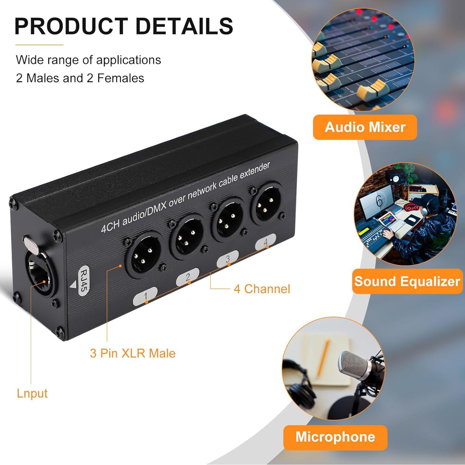4-kanałowy przedłużacz Ethernet XLR na RJ45, 3-pinowy męski żeński rozdzielacz XLR dla kabla Cat5 Cat6 Cat7, multiplekser sygnału audio 4 na 4 wyjścia dla Stage Studio