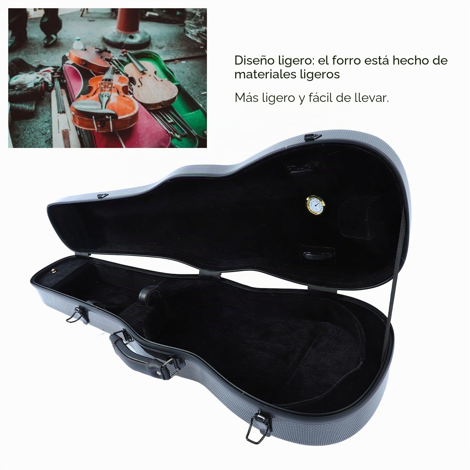 Keenso Estuche de Violín 4/4, Bolsa de Transporte de Violín Portátil Ligera de Fibra de Carbono con Termómetro (Gris Plateado)