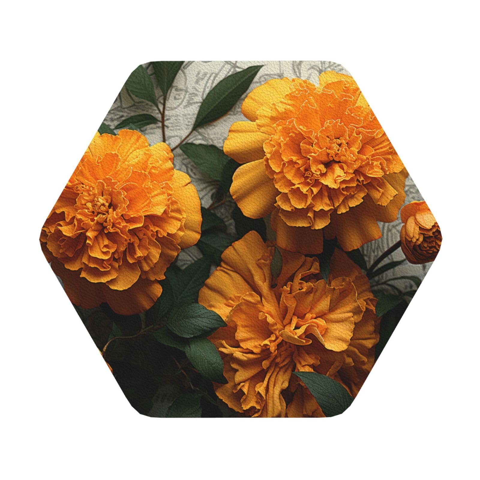 Fodpand Hexagon Marigold Drink Coasters Set Of 4, Heat Resistant Leather Coasters Fuuny Bar Beer Beverage Coaster For Drinks, Absorbent Cup Mat For Tabletop Protection, Housewarming Gift