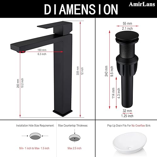 Miniatura 2 de Grifo de lavabo de baño de un solo agujero, color negro mate, grifo de lavabo de baño alto AmirLans de acero inoxidable negro grifo de fregadero con