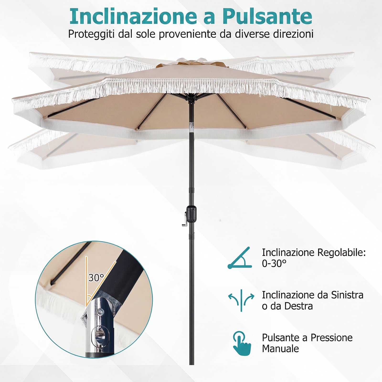COSTWAY Ombrellone da Giardino 270 x 235 cm, Ombrellone da Esterno Inclinabile 30° con 8 Costole, Palo in Metallo, Parte Superiore Ventilata e Manovella per Spiaggia, Balcone e Terrazzo (Beige)