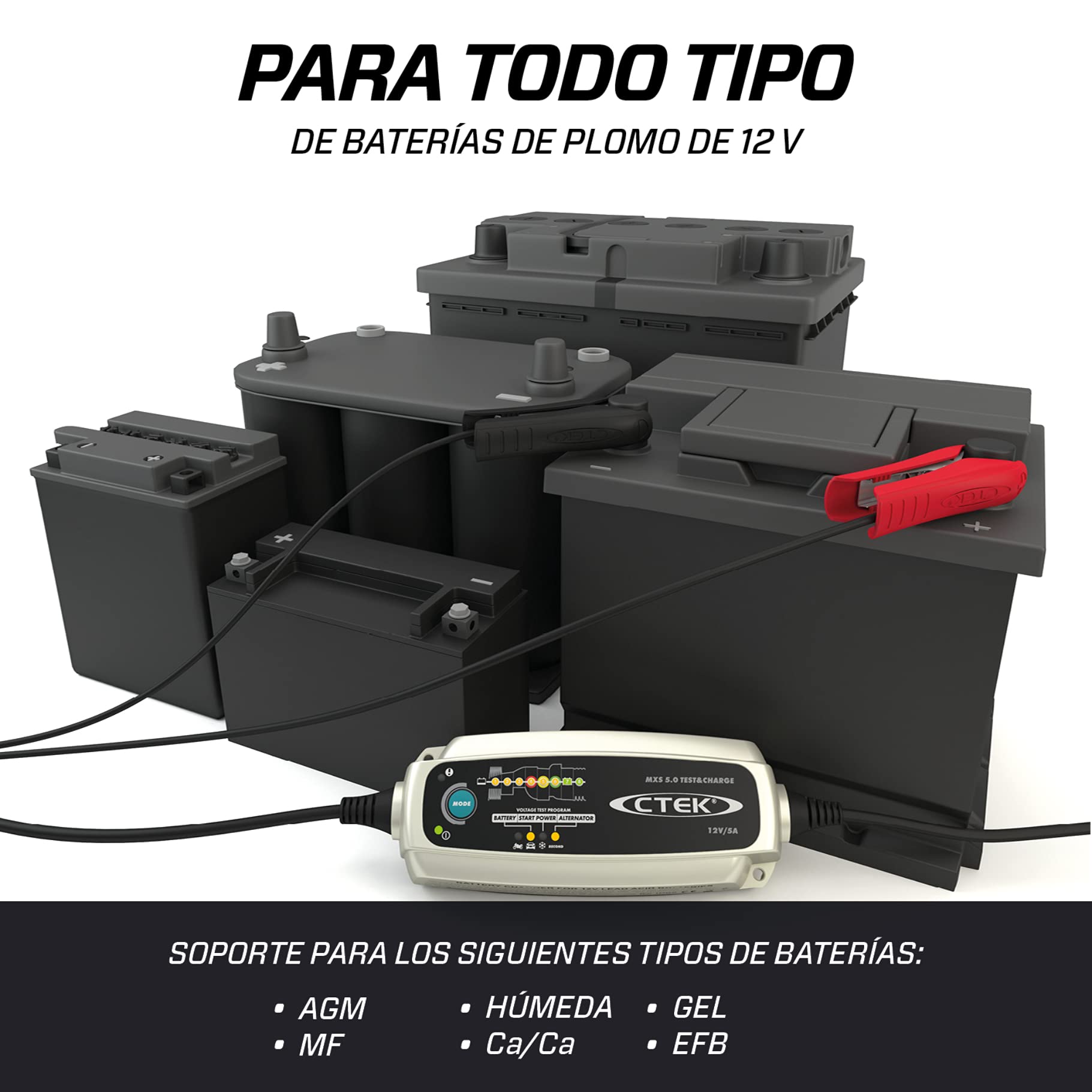 CTEK MXS 5.0 Test&Charge Cargador Batería 12V 5A,Mantenedor De Batería, Cargador De Batería De Coche Y Camion, Probador De Batería Y Alternador con Modo De Reacondicionamiento Y Modo De Copo De Nieve