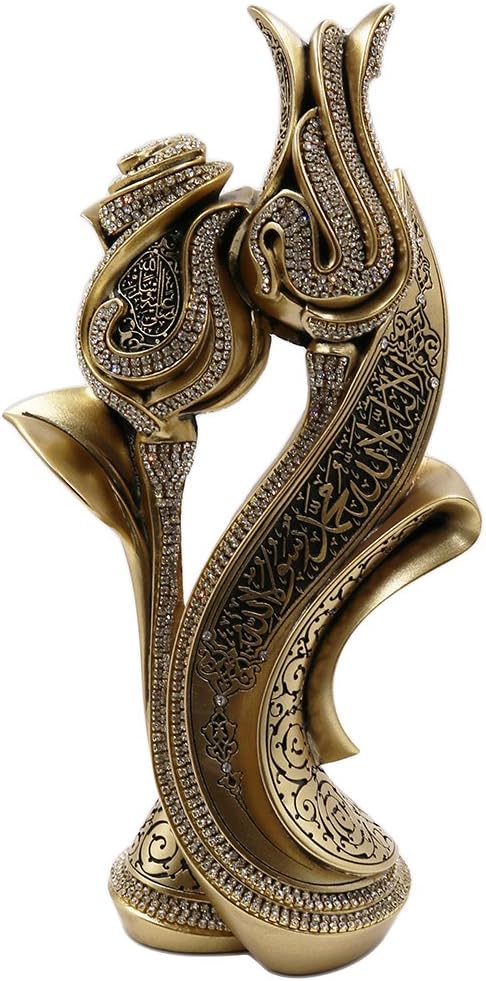 Islamic Table Decor Ramadan Eid Gift Bookend Showpiece Lale Gul Tulip & Rose Allah Muhammad (Gold)
