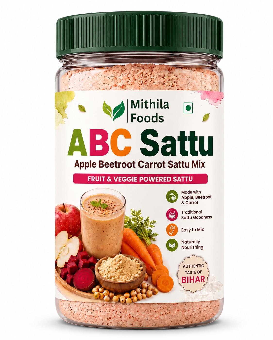 MITHILA FOODS ABC Sattu 500g | Apple Beetroot Carrot Sattu Powder | Protein + Detox + Skin Glow + Stamina | Natural Energy Immunity Booster Drink | No Added Sugar Vegan | Authentic Taste of Bihar