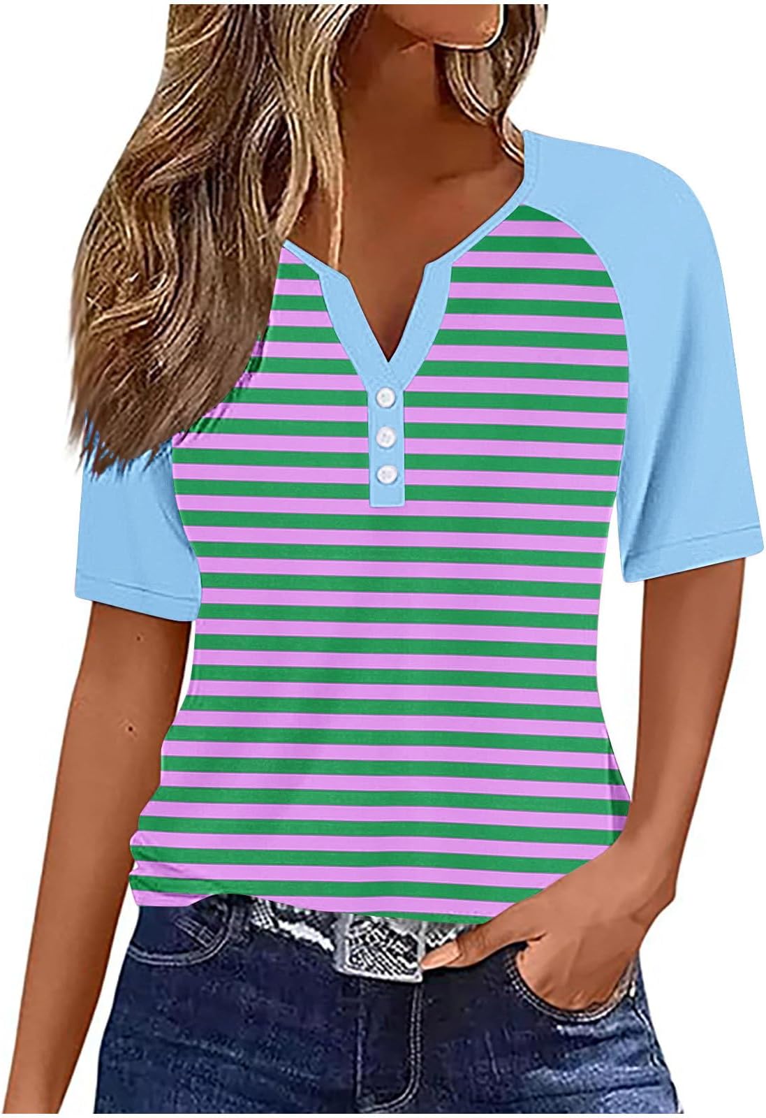 Summer Tops for Women 2024 Casual Loose Stripe Printed Half Sleeve T Shirts Fashion Button Dressy Blouses Clothes