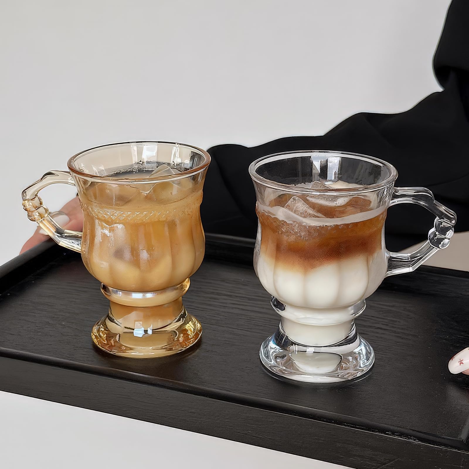 Juego de 6 tazas de té turco, tazas de té de vidrio con asas y tazas de café de vidrio con patas de 5 onzas, adecuadas para servir bebidas frías y calientes (estilo B)