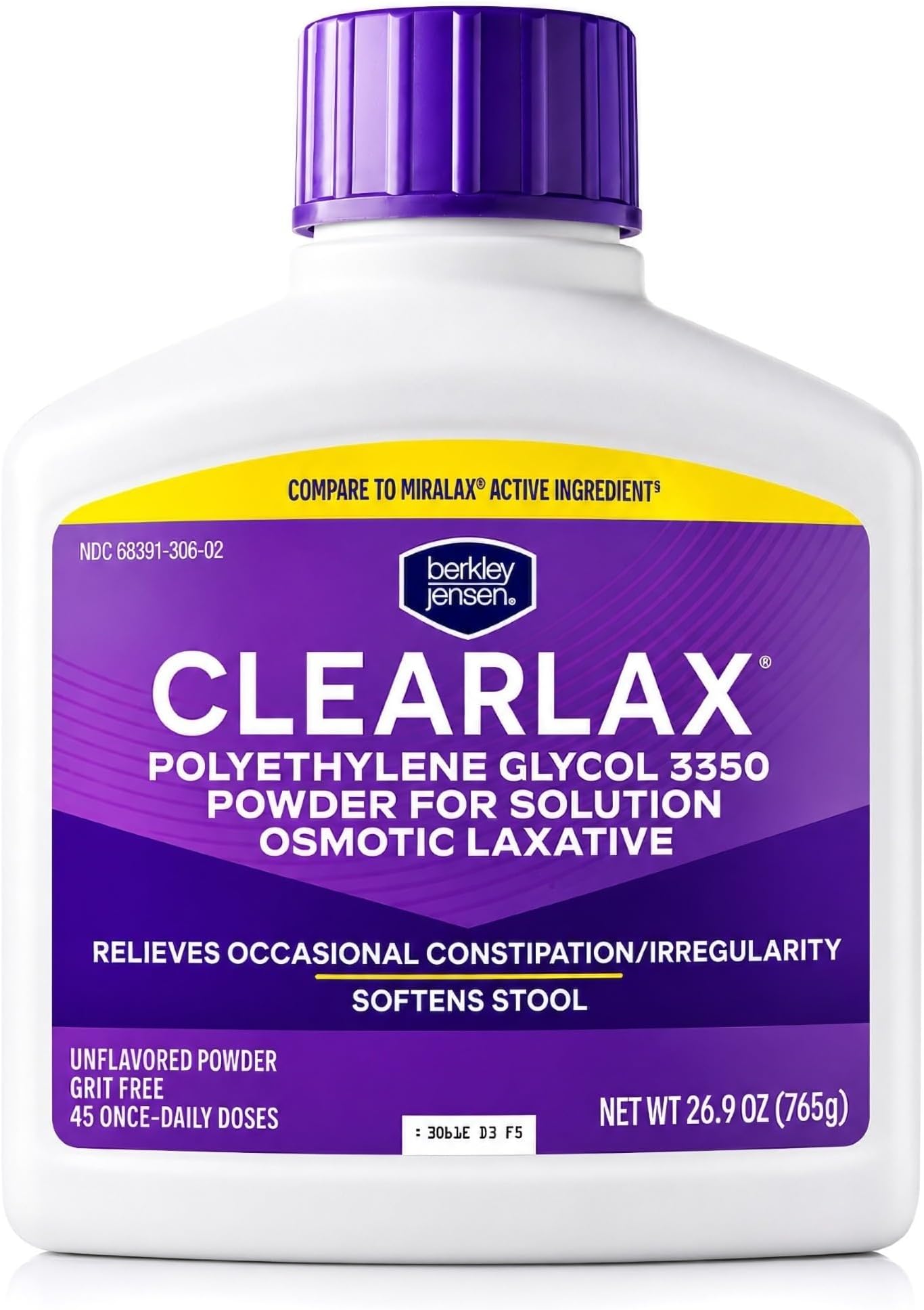 ClearLax Polyethylene Glycol 3350 Powder for Solution, Osmotic Laxative for Occasional Constipation & Irregularity, Stool Softener, Unflavored, Grit Free, 45 Once-Daily Doses, 26.9 oz