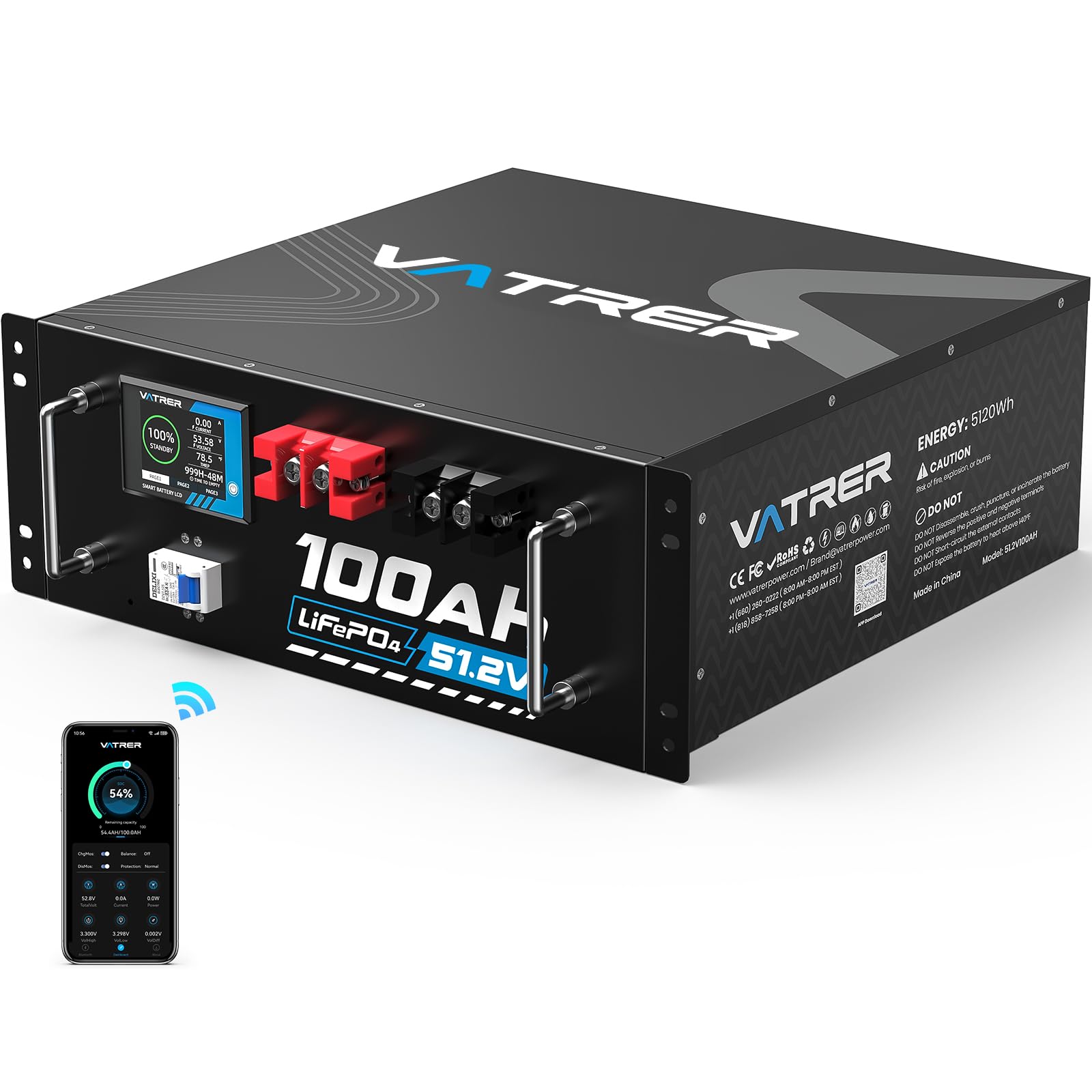 48V 100AH Lithium LiFePO4 Battery, Built-in 100A BMS, with Touchable Smart Display & Mobile APP, Max. 4800W Power Output, 5000+ Cycles, Perfect for Solar System &Off-Grid Applications