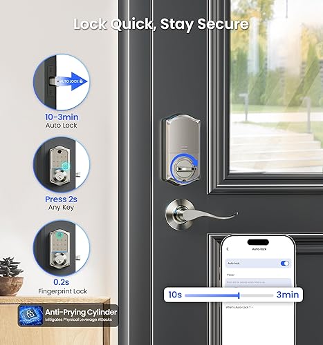 Miniatura 7 de Veise VE017-L - Cerradura inteligente de huellas dactilares con 2 manijas de palanca, juego de cerradura de puerta delantera sin llave, control de