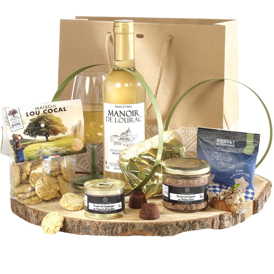 Cellier du Périgord Panier Gourmand Shopping Bag - Vin Blanc | Shopping bag 7 produits : vin blanc AOP Côtes de Bergerac 37,5cl, terrines poivre vert et piment, sablés et truffes cacao