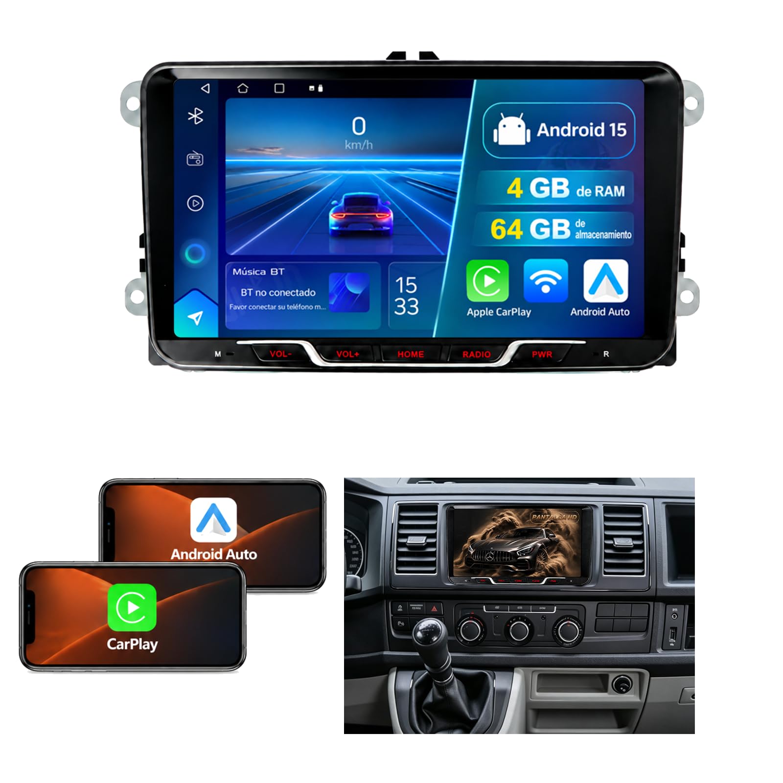 Radio Android 15 para VW Transporter T6 2015-2019, 9 Pulgadas, 2DIN, 4+64GB